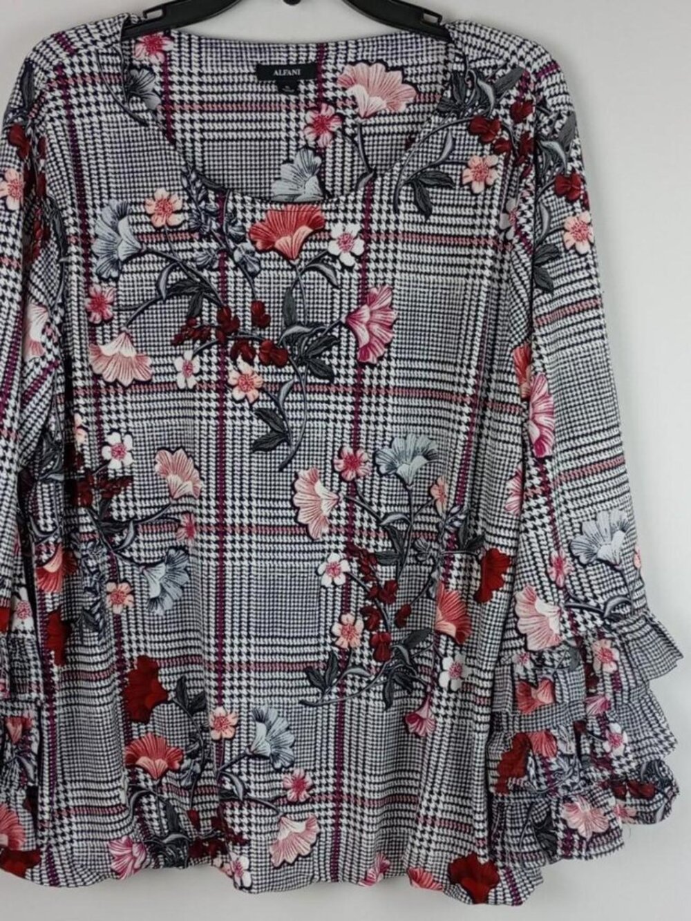Alfani Womens XL Black White Plaid Pink Floral Ruffle Sleeve Round Neck Blouse